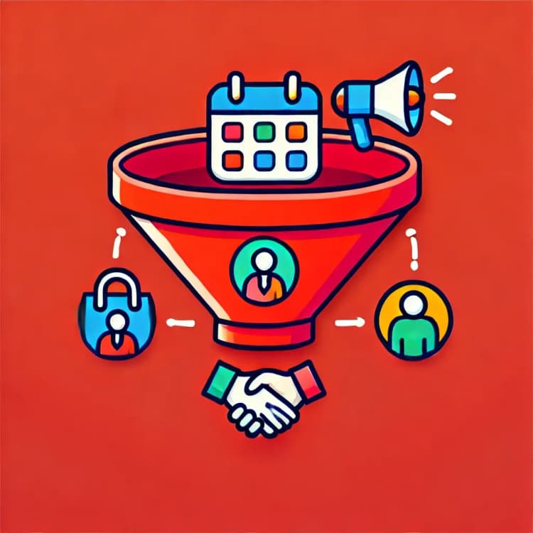 A red funnel illustration with marketing icons, including a calendar, a megaphone, and handshake, representing the concept of an event marketing funnel.