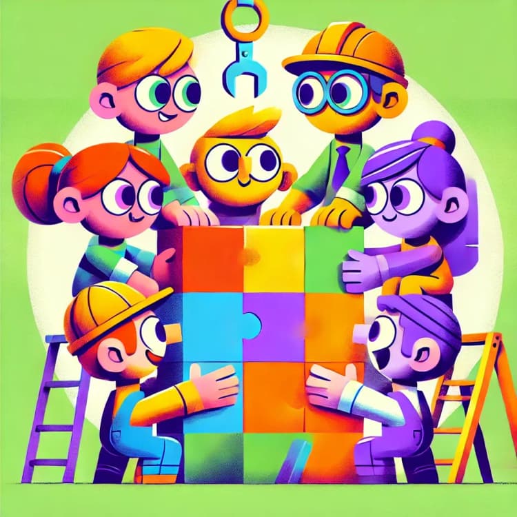 Team collaboratively assembling a colorful puzzle, symbolizing customer success.