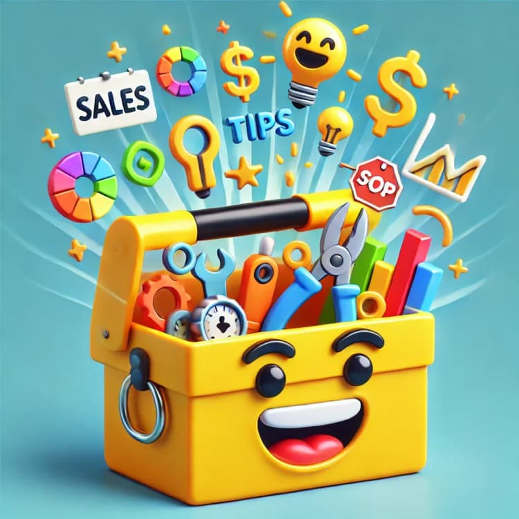 A cheerful yellow toolbox filled with sales tools, charts, dollar signs, and strategy icons representing digital sales techniques.