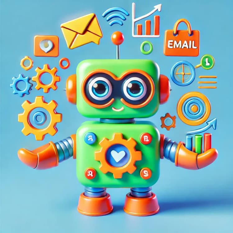 A colorful AI-powered robot with gears, email icons, and data analytics symbols representing CRM marketing automation.
