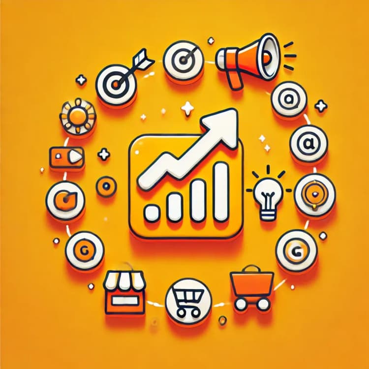 A dynamic illustration of a growth chart surrounded by marketing icons, including a megaphone, target, shopping cart, and email symbols.