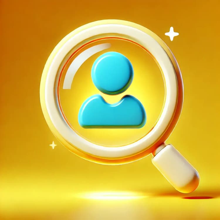 Magnifying glass highlighting a user icon on a golden background.