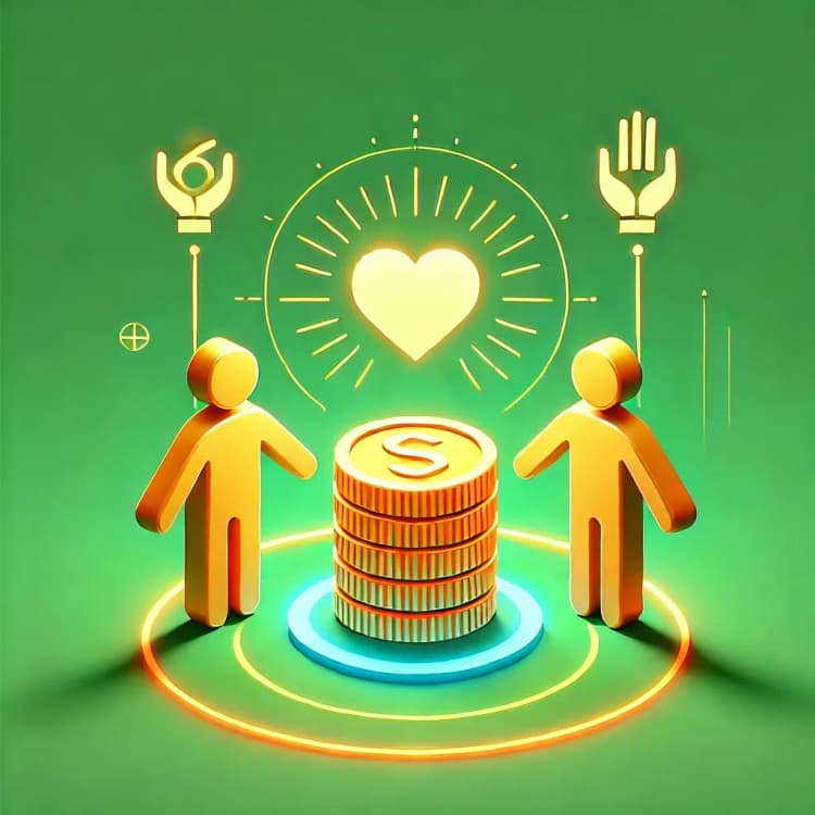 Two figures connected by financial growth and teamwork symbols.